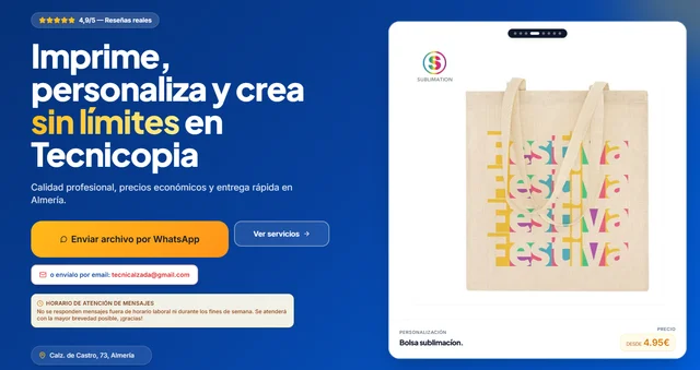 Captura de la web de Tecnicopia: servicios de impresión y presentación de productos personalizados