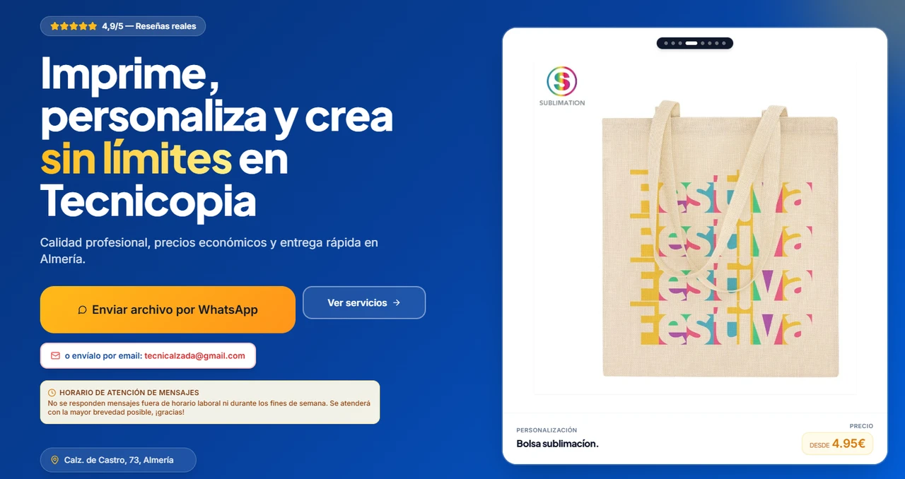 Captura de la web de Tecnicopia: servicios de impresión y presentación de productos personalizados