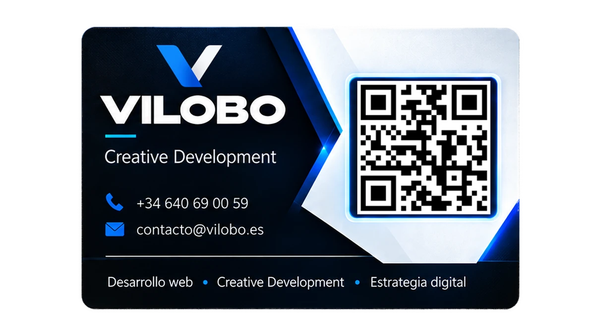 Reverso de la tarjeta de Vilobo con información de contacto y código QR.